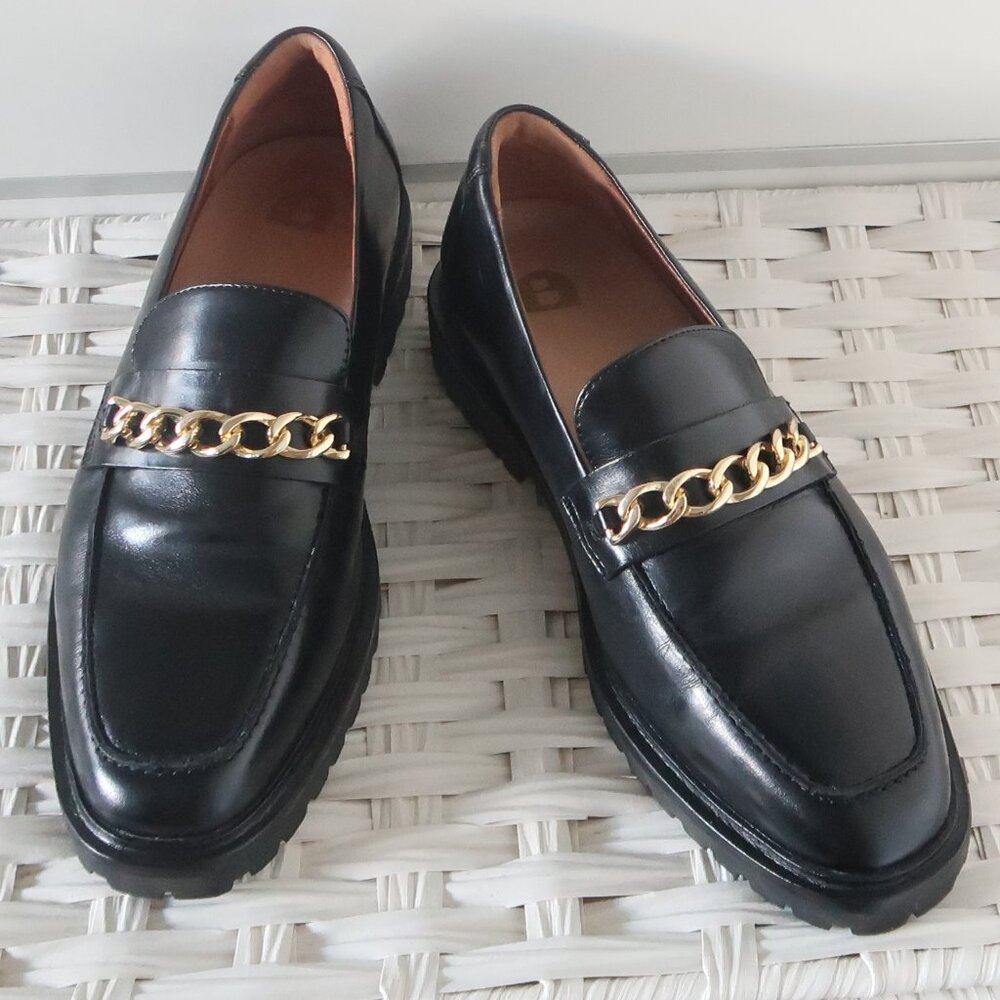 Bared Footwear Black Loafers with Gold Chain. Size 8.5